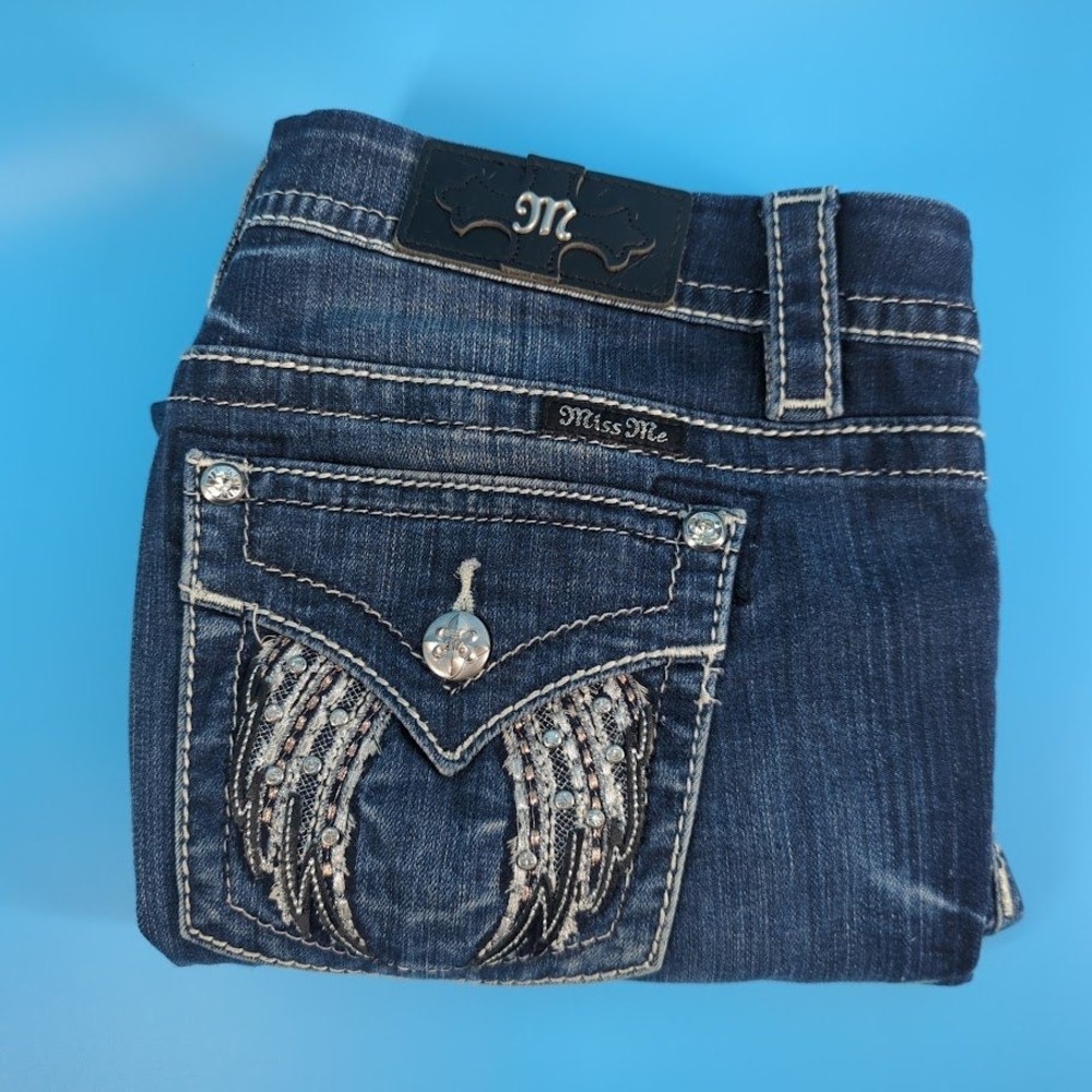 Miss Me Mid Rise Easy Skinny Jeans Dark Wash Wing Flap Pocket Sequin Size 30